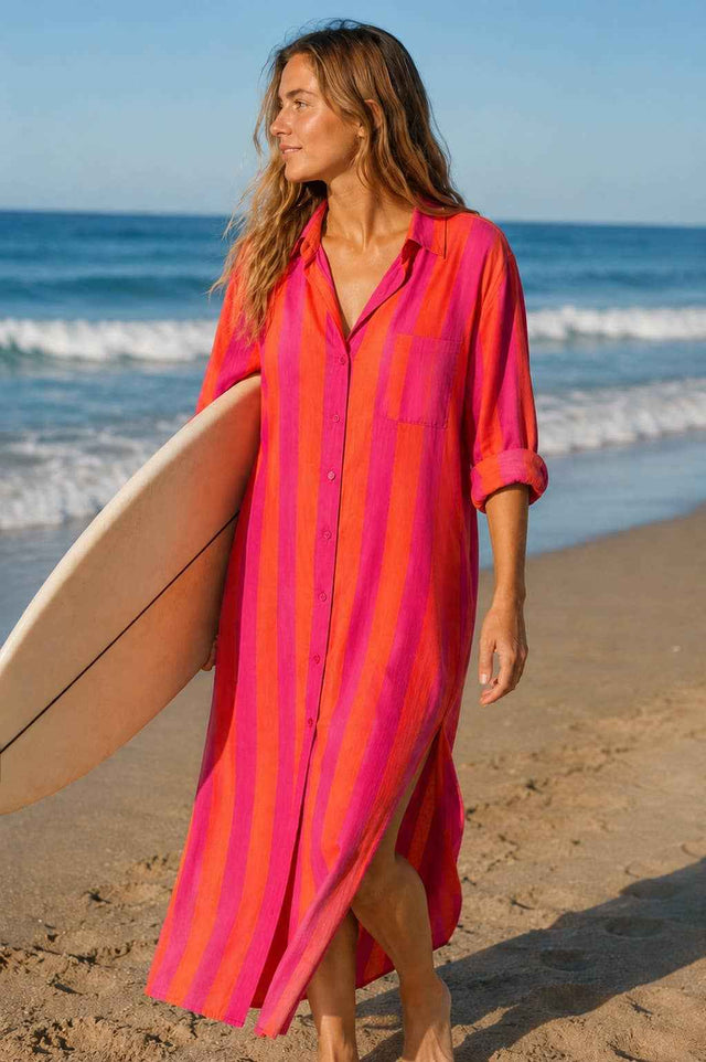 Surf Stripe Shirt Dress: Pink/Orange