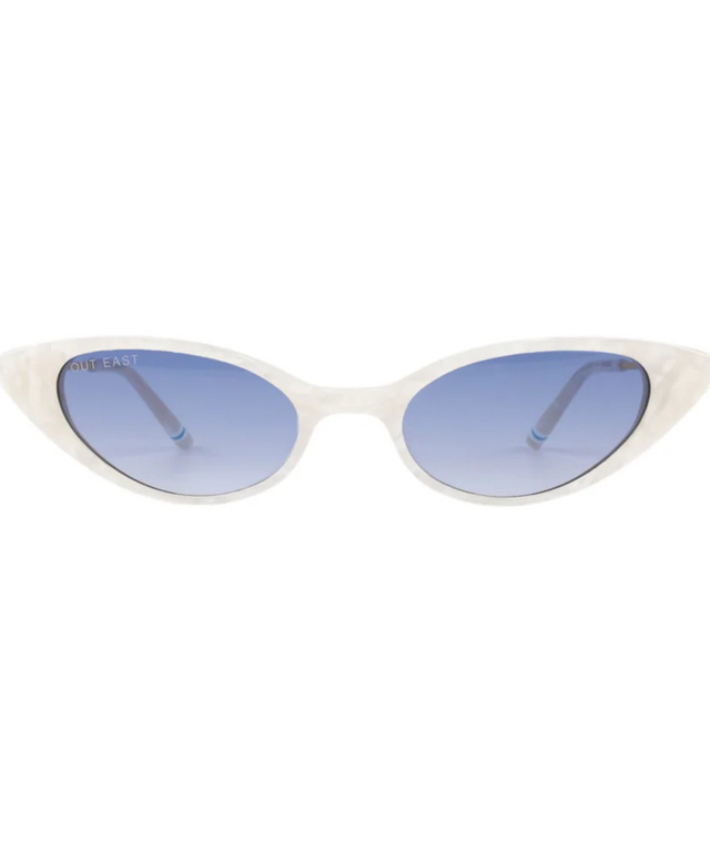 Cat-eye sunglasses with white frame and blue gradient lenses on a white background