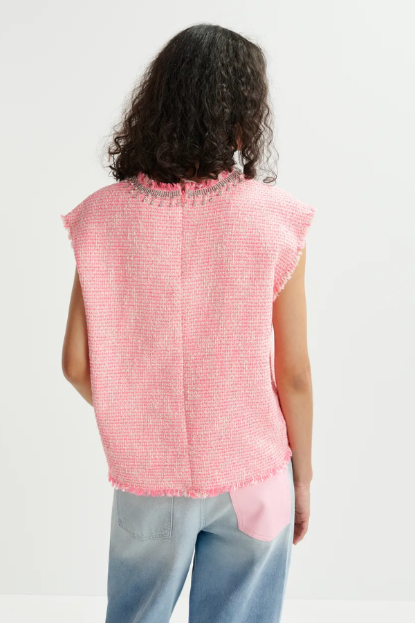 Sleeveless Top with Sequin Neckline