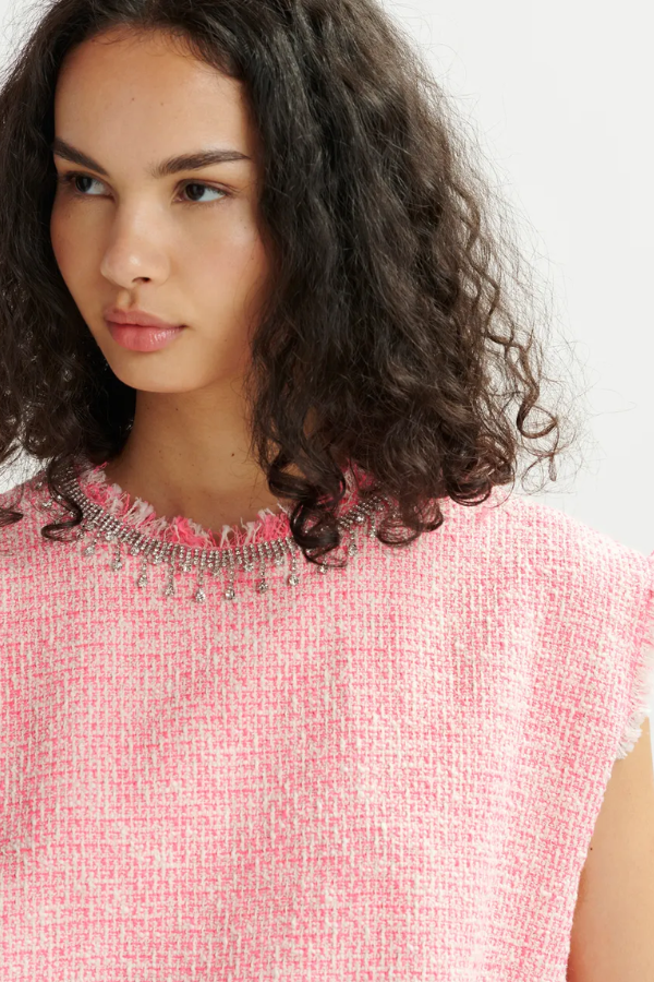 Sleeveless Top with Sequin Neckline