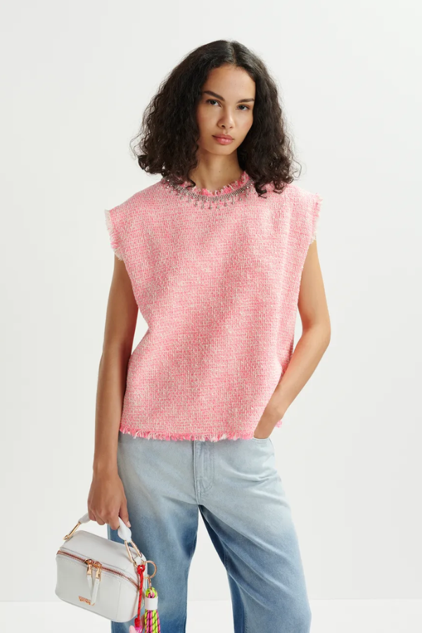 Sleeveless Top with Sequin Neckline