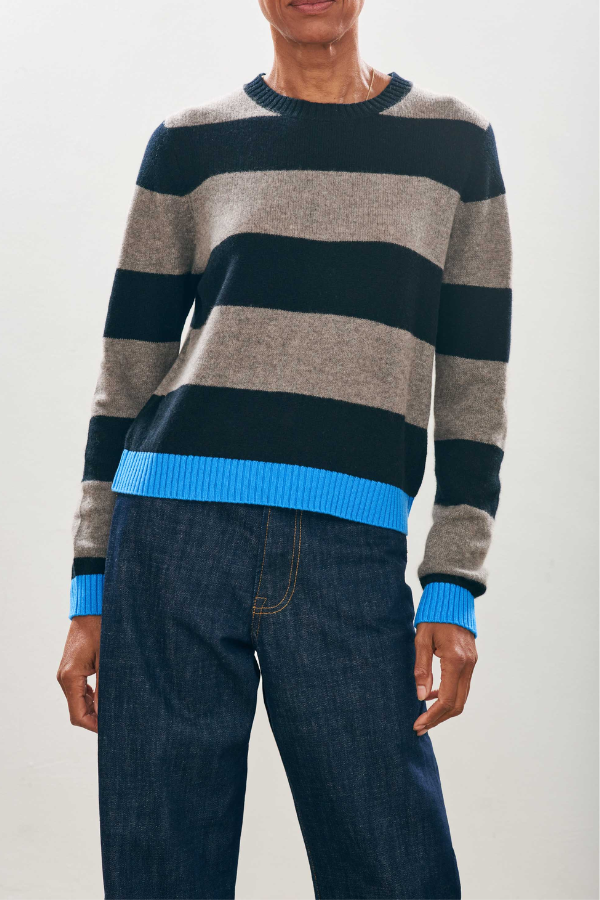 Cashmere Contrast Stripe Crew- Black, Moose and Sky