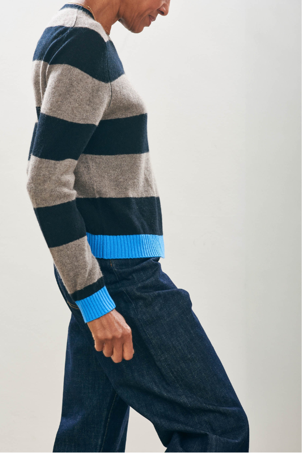 Cashmere Contrast Stripe Crew- Black, Moose and Sky