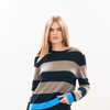 Cashmere Contrast Stripe Crew- Black, Moose and Sky