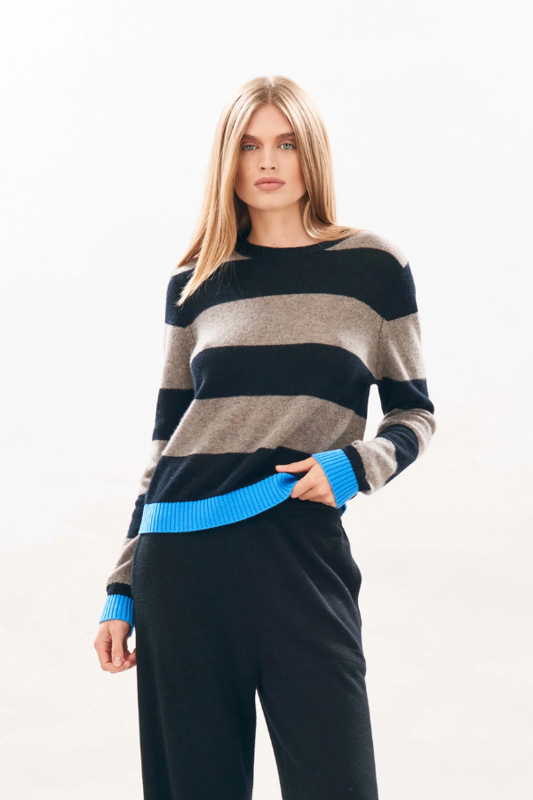 Cashmere Contrast Stripe Crew- Black, Moose and Sky