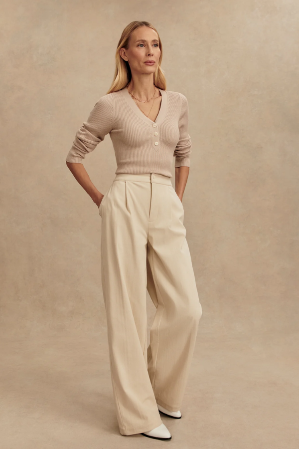 Blanca V-neck Rib Knit Top-Cement