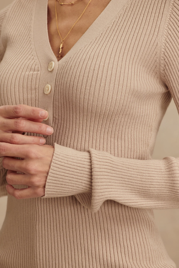 Blanca V-neck Rib Knit Top-Cement