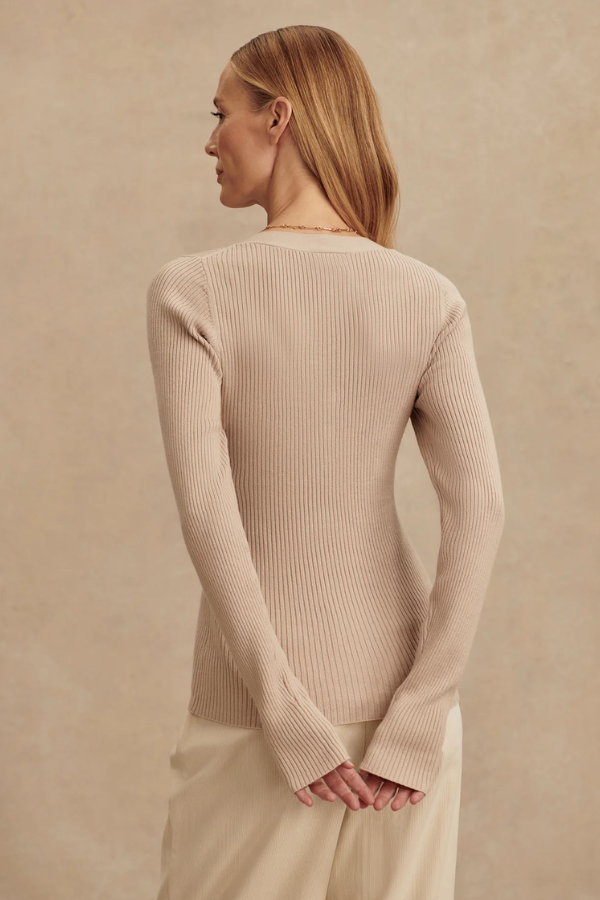 Blanca V-neck Rib Knit Top-Cement
