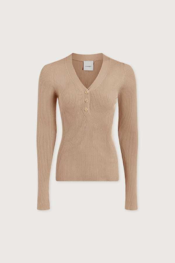 Blanca V-neck Rib Knit Top-Cement
