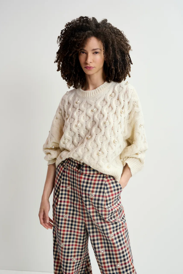 Cable Knitted Sweater with Pearl Embellishments