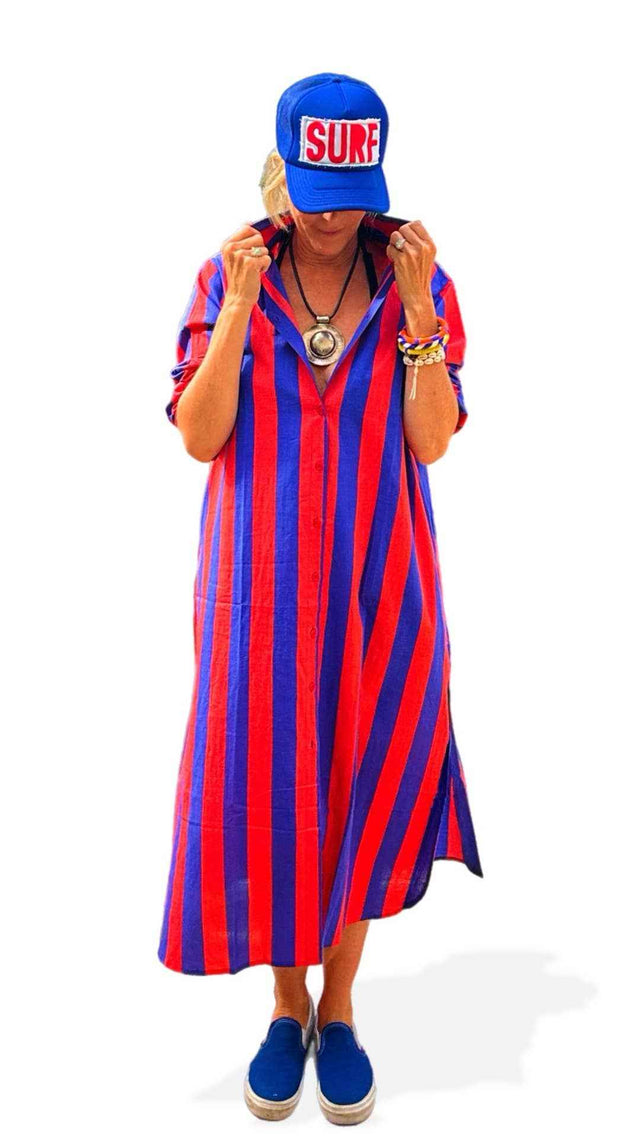 Surf Stripe Shirt Dress: Red/Blue