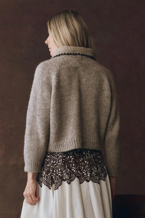 The Crochet Collar Pullover-Oat with Brown
