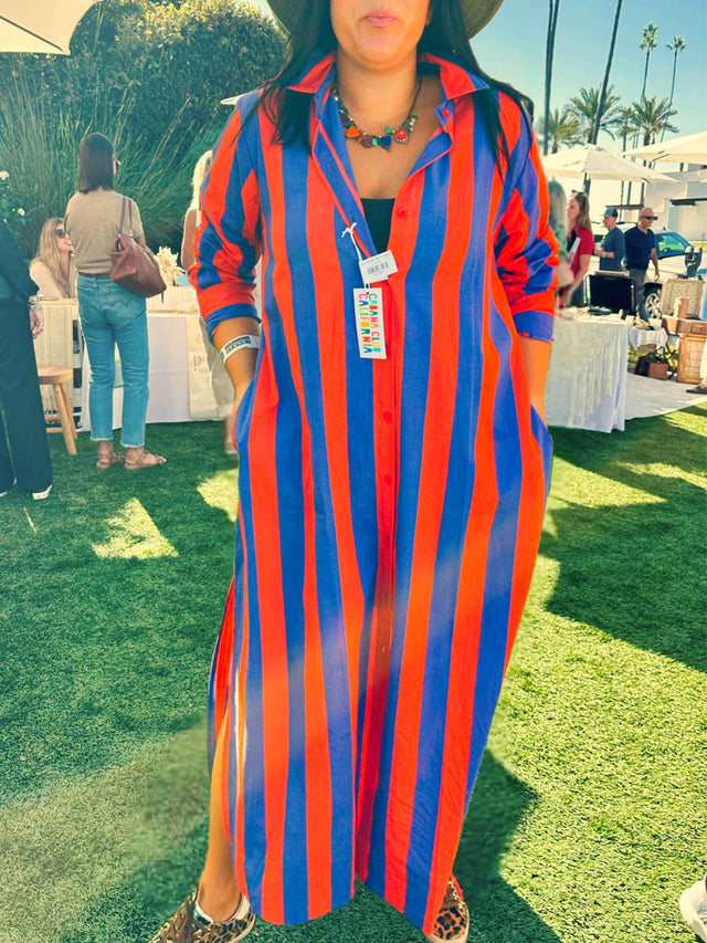 Surf Stripe Shirt Dress: Red/Blue