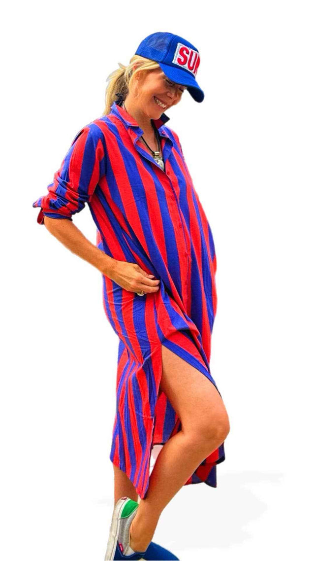 Surf Stripe Shirt Dress: Red/Blue